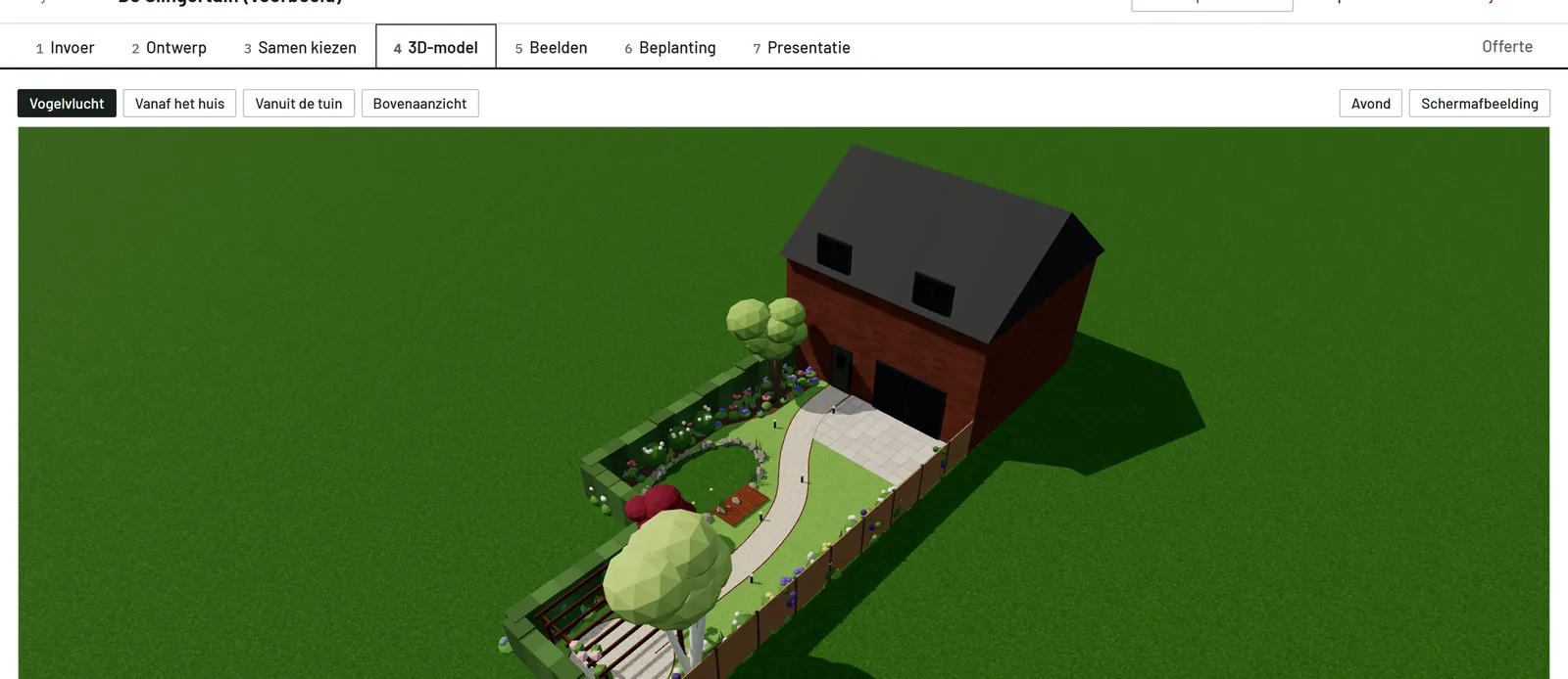 Het 3D-model van het tuinontwerp in vogelvlucht, met huis, terras, pad en borders