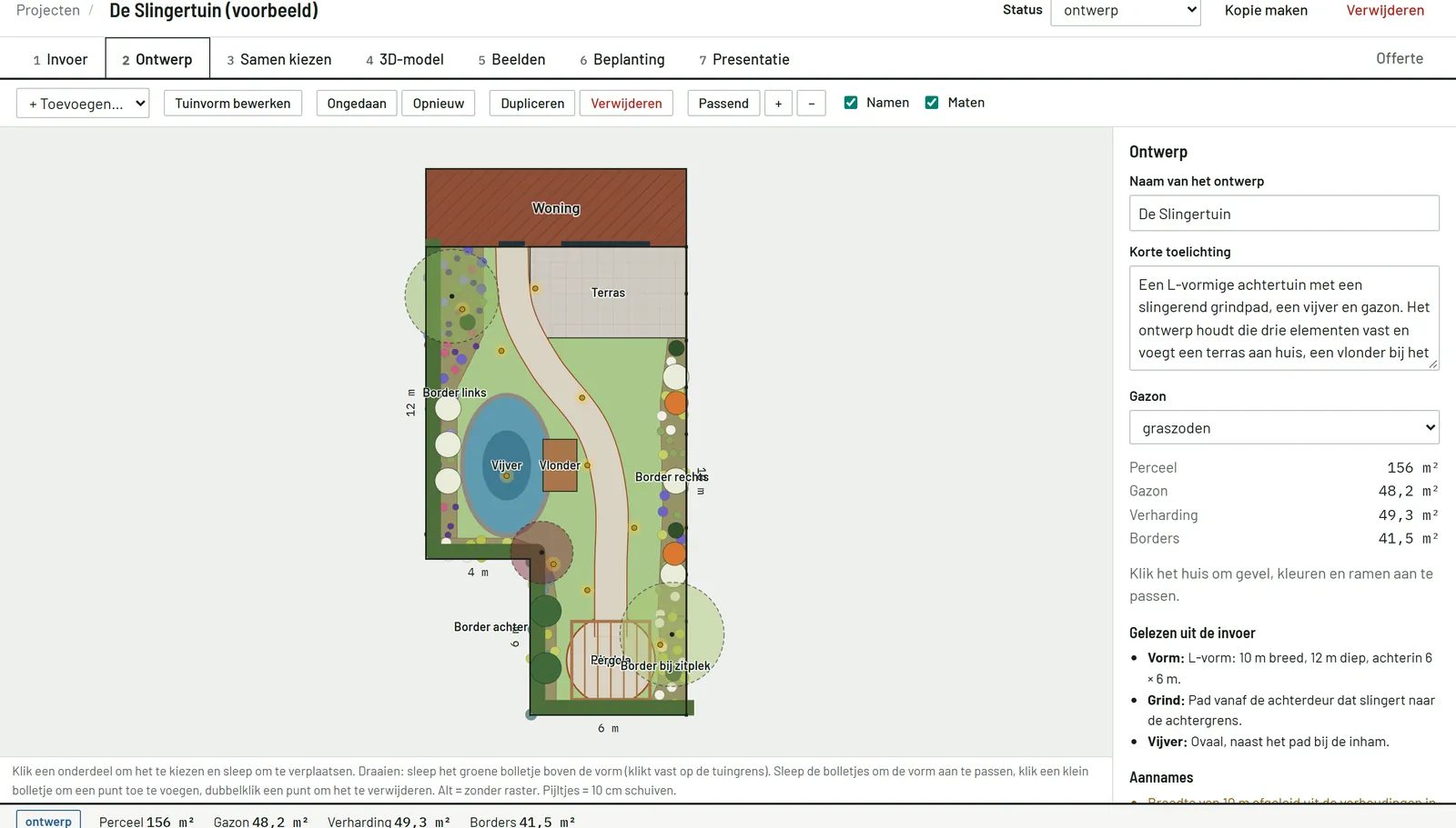 De plattegrond-editor van GardenIQ met een tuinontwerp: terras, slingerpad, vijver en borders