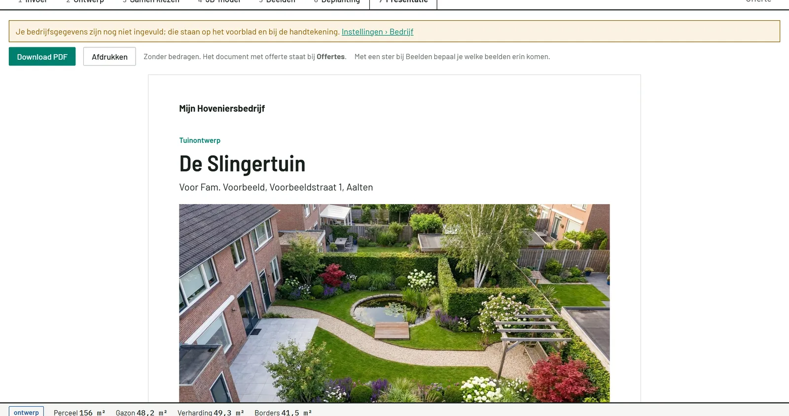 De presentatie voor de klant met een beeld van de nieuwe tuin